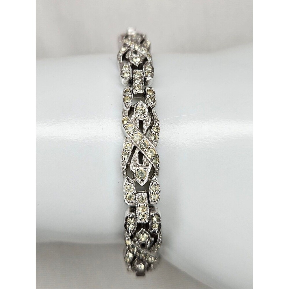 Vintage 1950s Signed Ledo Rhodium Clear Rhinestone Art Deco Link Bracelet 7"